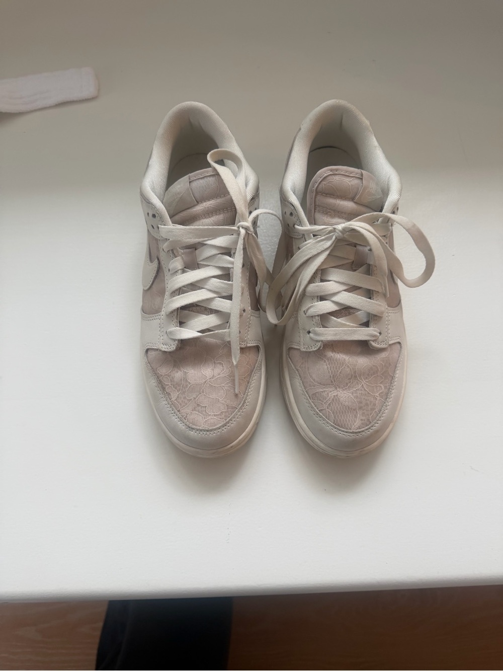 Nike Women’s Lace-Detail Sneakers in Light Beige and White